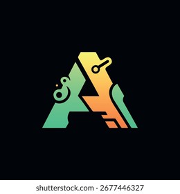 A futuristic and innovative logo featuring the letter A as a circuit board with connecting lines and nodes, representing technology, AI, and connectivity.