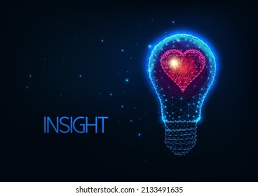 Futuristic Insight Concept With Glowing Low Polygonal Lightbulb And Red Heart On Dark Blue 