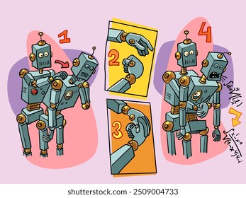 Futuristic instructions for the future. Robots helping each other and repairing colleagues. The problem is in formulas and numbers. Comic cartoon pop art retro vector illustration hand drawing