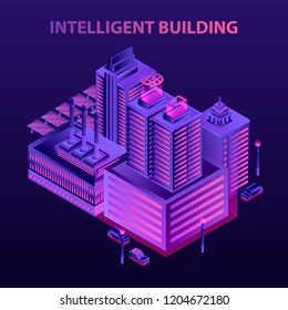 Futuristic intelligent building concept background. Isometric illustration of futuristic intelligent building vector concept background for web design