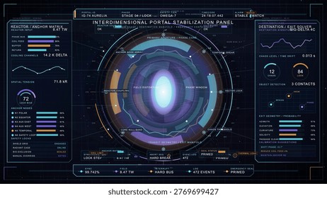 Futuristic interdimensional portal stabilization interface with phase core display, reactor anchor matrix, destination solver analytics and containment control panels
