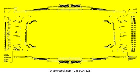 Futuristic interface design features a bright yellow background with intricate black patterns and data elements for digital displays.