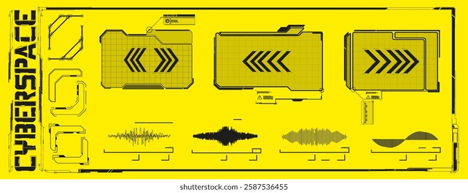 Futuristic interface displaying digital elements in a vibrant yellow color scheme with directional arrows.