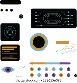 Futuristic Interface Elements: A collection of modern and abstract digital interface components, including a stylized eye, data screens, icons, and a progress ba