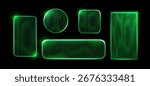 Futuristic interface elements with ribbed glass glossy neon borders for UI design - glowing green frames, circle and rectangle shapes with textured surface. Sci fi buttons and panels for game.