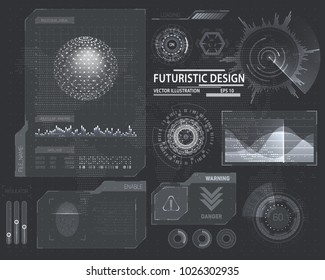 Futuristic interface hud design, infographic elements like scanning graph or waves, warning arrow and bar regulator, fingerprint or dactylogram pass, molecule hologram.Tech and science, analysis theme