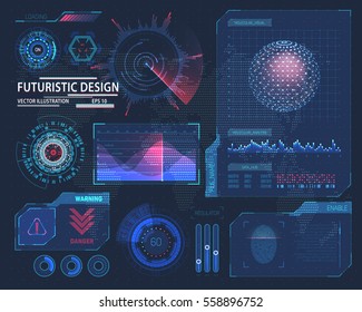Futuristic interface hud design, infographic elements like scanning graph or waves, warning arrow and bar regulator, fingerprint or dactylogram pass, molecule hologram.Tech and science, analysis theme