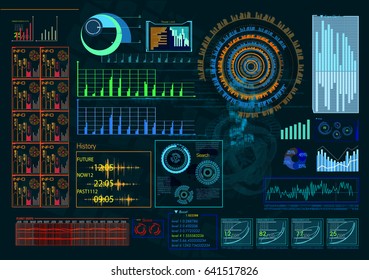 Futuristic interface hud design, infographic elements like scanning graph or waves, warning arrow and bar regulator, fingerprint or dactylogram pass.Tech and science, analysis theme