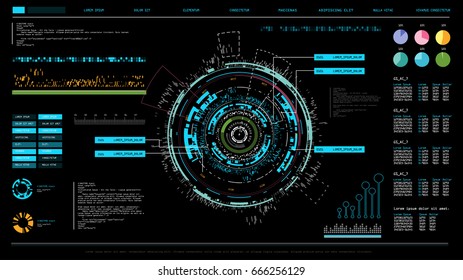 Futuristic interface hud design, infographic elements like scanning graph or waves, warning arrow and bar regulator, fingerprint or dactylogram pass, molecule hologram.