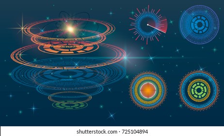 Futuristic interface hud design, infographic elements like scanning graph, warning arrow and bar regulator, fingerprint or dactylogram pass, molecule hologram.Tech and science, analysis theme