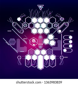 Futuristic interface of a robot, exoskeleton, cyberpunk spaceship with microchips and hexagons