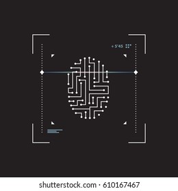 Futuristic Interface Scanner Fingerprint. Modern Interface Touch Screen Isolated On Black Background. Security And Access To Information Through Biometrics Identification. Vector Illustration.