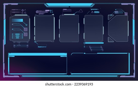 Futuristic interface ui elements. Holographic hud user interface elements, high tech bars and frames. HUD, UI, GUI futuristic user interface screen elements set. High tech screen for video game.