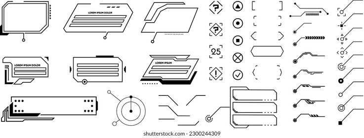 Futuristic interface ui elements. Holographic hud user interface elements, high tech bars and frames. Digital hud elements, technology bars and icons, brackets and targets.