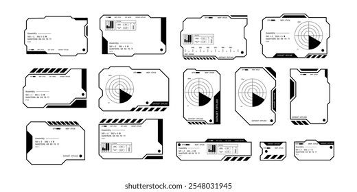 Futuristic interface ui elements. Holographic hud user interface elements, high tech bars and frames. Hud interface icons vector illustration set. rectangular shape borders