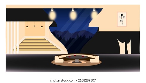 Futuristic interior design, abstract geometric contours, luxury ceiling lamps, a piece of furniture and mountain landscape in the background. Futuristic luxury interior design concept. Vectors