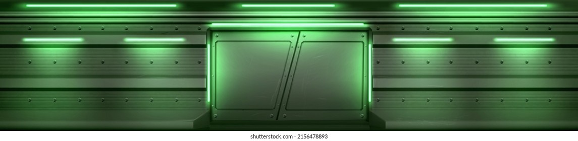 Futuristic interior with metal doors in spaceship, secret laboratory or bunker. Vector realistic background of lab or shuttle hall with closed steel sliding gates and green lamps