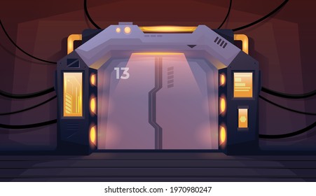 Futuristic Interior Room With 
Spaceship Door And With Black Cabels. Hallway. Background For Games And Mobile Applications. Vector Cartoon Background
