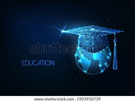Futuristic international eductaion concept with glowing low polygonal graduation cap and Earth globe isolated on dark blue background. Modern wireframe mesh design vector illustration.