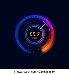 Futuristic Internet speed meter dial with neon gauge and arrow. Web connection, network or information download speed vector indicator. Internet bandwidth, WI-FI signal strength test app display svg