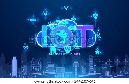 Futuristic Internet of Things (IoT) Network Concept. Vibrant 3D image visualizing the Internet of Things (IoT) with connected devices and global network icons on a cityscape backdrop. Vector