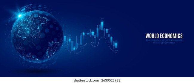 Futuristic investment financial data with Earth globe. World economics background. Stock market trading graph. Business technology concept. Vector illustration