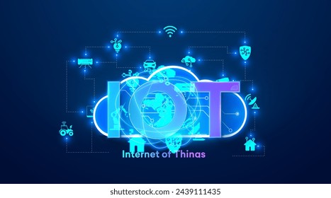 Concepto de conectividad de IoT futurista con iconos brillantes y tierra. Red avanzada de Internet de las cosas (IoT) con iconos brillantes que representan conectividad global e integración de tecnología inteligente.