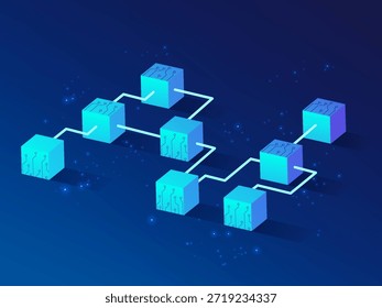 Futuristic Isometric Blue Cubes Linked in a Network to Represent AI Technology for Advanced Technology Vector Design Concept for Symbolizing Artificial Intelligence, Big Data and Cloud Computing.