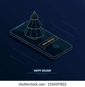 Futuristic Isometric Christmas Concept. Neon Phone With Notification Merry Christmas And Poligonal Fir Tree. Vector Illustration.