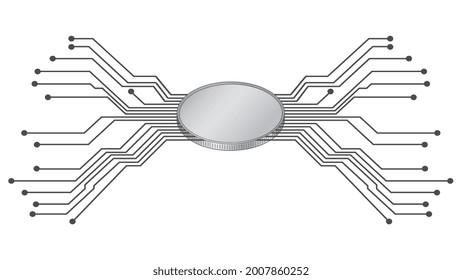 Futuristic isometric coin with diverging PCB tracks in gray isolated on white. Blank for logo or symbol. Vector illustration.