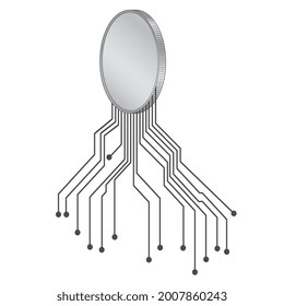Futuristic isometric coin with PCB tracks in gray isolated on white. Blank for logo or symbol. Vector illustration.