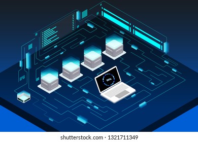 Futuristic Isometric Element Cyber Security Data Storage Vector Background. Big Decentralized Network Cyberspace 3d Scifi Technology Concept Design Illustration.