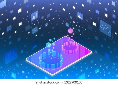Futuristic Isometric Element Cyber Security Data Storage Vector Background. Big Decentralized Network Cyberspace 3d Scifi Technology Concept Design Illustration.