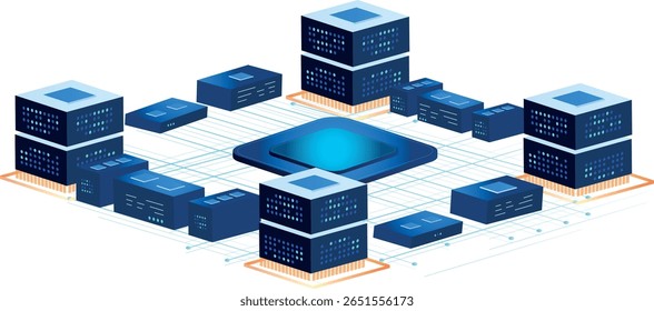 Placa de circuito de brilho isométrico futurista. Transferência de informações digitais on-line, intercâmbio, conexão global, banco de dados com espaço no centro para adicionar elementos. Tecnologia