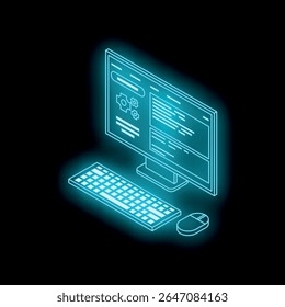 Futuristic isometric glowing desktop computer displaying programming code on monitor, keyboard and mouse, technology and software development concept