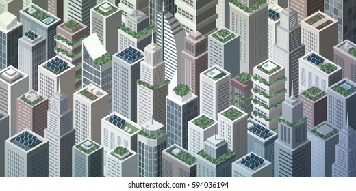 Futuristic Isometric Green City With Rooftop Gardens And Solar Panels On Skyscrapers, Sustainability And Innovation Concept