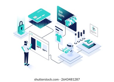 Ilustração isométrica futurista mostrando o processo de compras on-line alimentado por IA. O conceito inclui um comprador virtual interagindo com uma interface de comércio eletrônico, pagamento seguro por cartão, seleção de produtos, robô