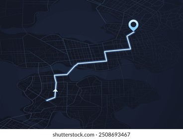 Futuristic isometric map with planned route highlighted in bright blue line. Route is winding and goes through an urban area with many roads and rivers on background.