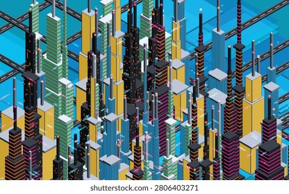 Futuristic Isometric Megalopolis City Grid Map Background Flat Vector Cyberpunk Urban Architecture Plan Design
