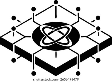 Futuristic isometric quantum computing symbols with transparency on a white background