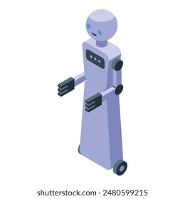 Futuristic isometric robot assistant illustration with friendly and modern technology concept in purple, artificial intelligence, and cybernetic design  vector character machine digital innovation