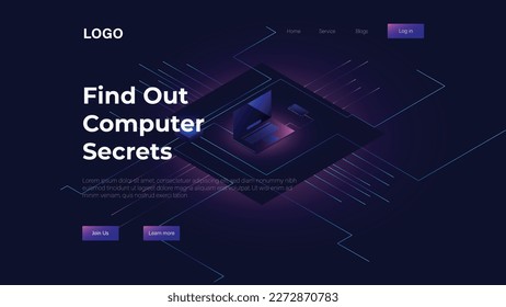 Futuristic isometric template with innovative virtual laptop user interfaces on dark background vector illustration