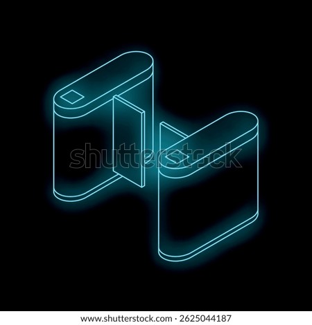 Futuristic isometric turnstile gate opening, allowing access on dark background