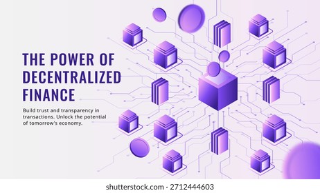 Futuristic isometric vector illustration of decentralized blockchain network structure. Concept for cryptocurrency, fintech, data ledger, and digital finance.