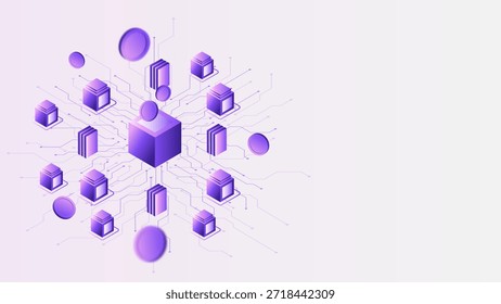 Ilustración vectorial isométrica futurista de la estructura de la red blockchain descentralizada. Concepto para criptomonedas, fintech, registro de datos y finanzas digitales.