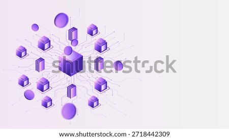 Futuristic isometric vector illustration of decentralized blockchain network structure. Concept for cryptocurrency, fintech, data ledger, and digital finance.