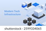 Futuristic isometric vector illustration of modern tech infrastructure Digital data center with cloud computing blockchain and cybersecurity elements Abstract computing technology and IT innovation