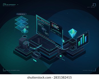 Futuristic isometric vector interface showing a software development workspace with servers, runtime metrics, diagrams, and analytics charts