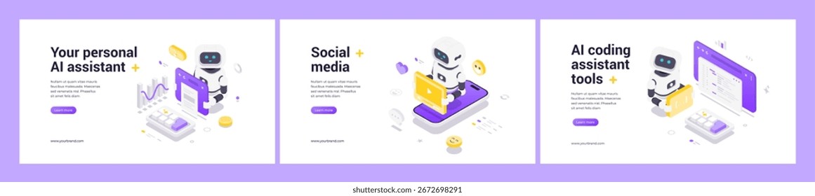 Conjunto de Anuncio de Web isométrico futurista con robot AI, automatización de codificación, comunicación de redes sociales, funciones de asistente personal, análisis de negocios, interfaz digital, concepto de tecnología moderna