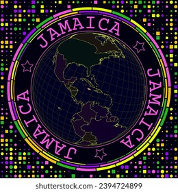 Futuristic Jamaica on globe. Bright neon satelite view of the world centered to Jamaica. Geographical illustration with shape of country and geometric background. Vibrant vector illustration.